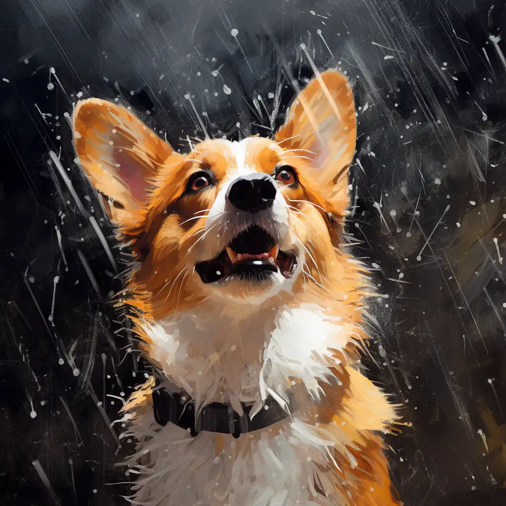 A wet corgi in the rain, oil impression.