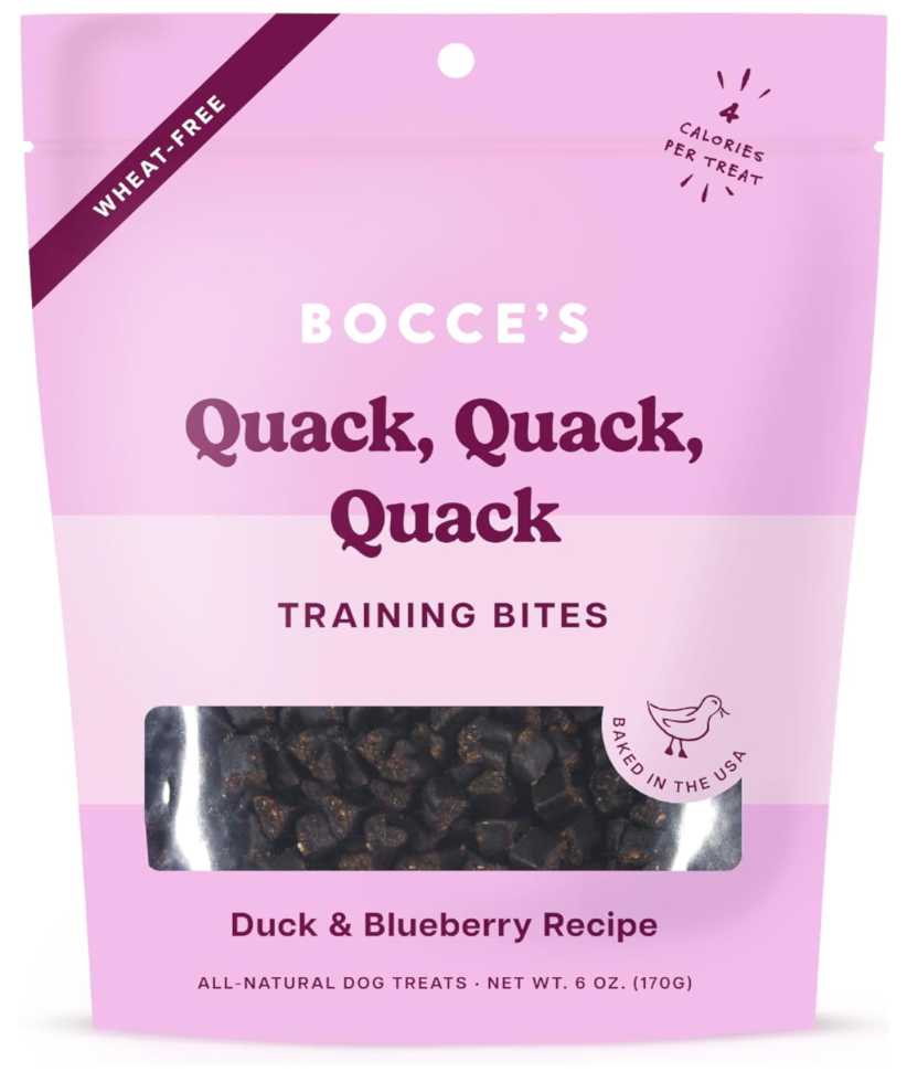 Dog training treats by Bocce's Bakery. They are small (~1cm), heart-shaped treats that are duck and blueberry flavored.