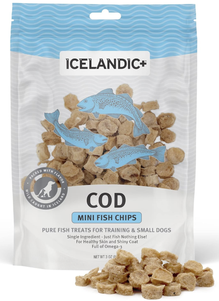 Dog training treats that are mini cod chips. The packaging features ~1cm circular beige chips.