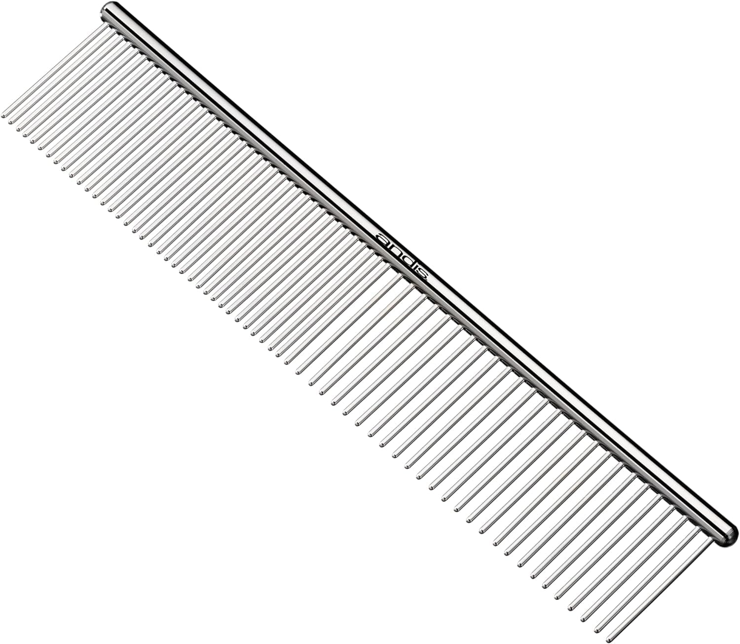 A stainless steel dog grooming comb.