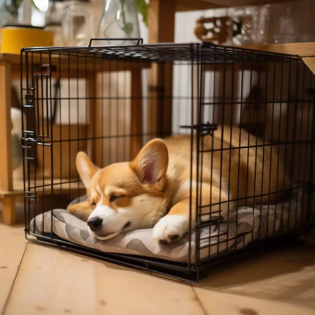 A sleeping corgi in a crate.